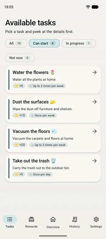 Child screen: the list of tasks available today